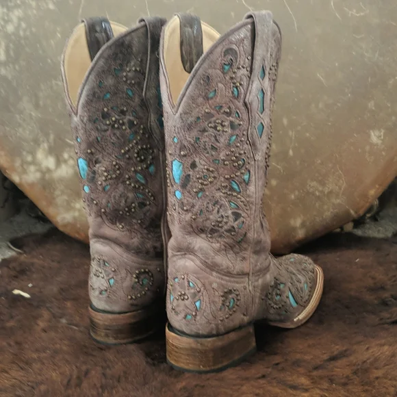 CORRAL A1149 brown studded leather cowgirl western boots turquoise inlay sz 7 - Picture 9 of 16